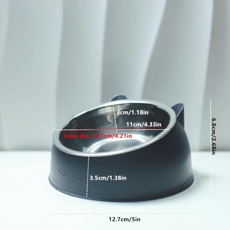 2 In 1 Stainless Steel Cat Bowl With Holder - Cute Ear Design Inclined Food Bowl Water Basin, Anti-slip Raised Pet Feeding Bowl