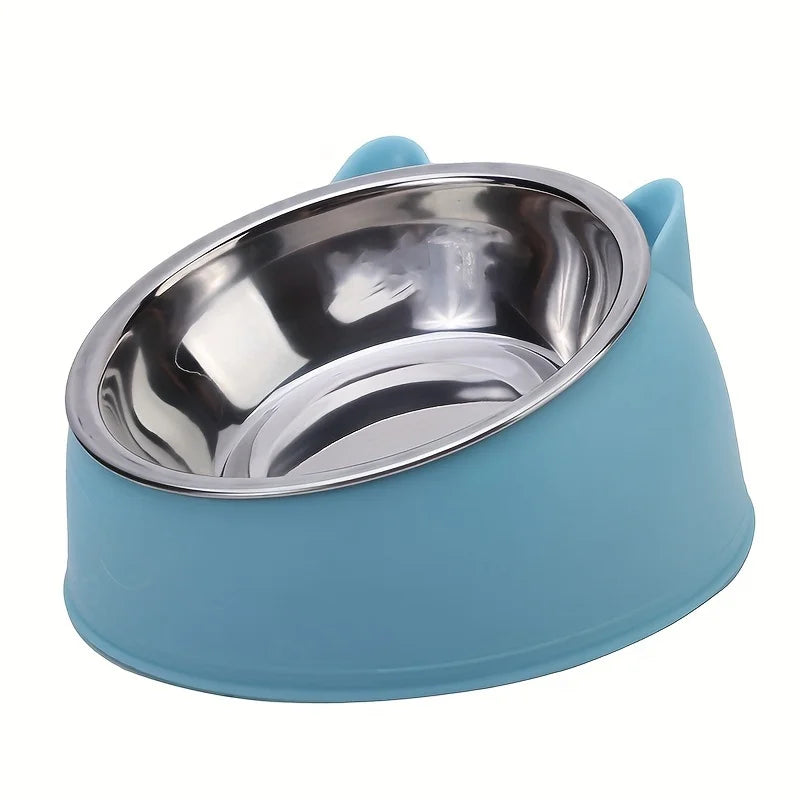 2 In 1 Stainless Steel Cat Bowl With Holder - Cute Ear Design Inclined Food Bowl Water Basin, Anti-slip Raised Pet Feeding Bowl