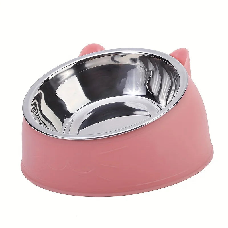 2 In 1 Stainless Steel Cat Bowl With Holder - Cute Ear Design Inclined Food Bowl Water Basin, Anti-slip Raised Pet Feeding Bowl
