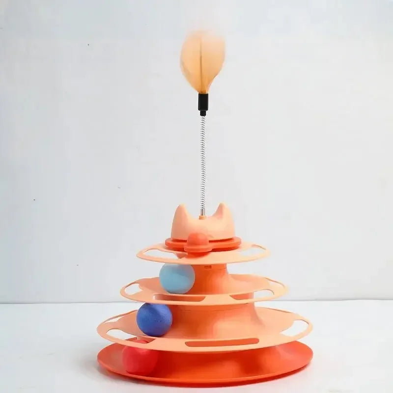 Cat Toy Rotating Ball Four Layer Cat Amusement Plate Automatic Cat Playing Stick Feather Cat Rotating Ball Space Tower Game Toy
