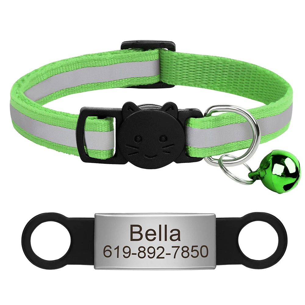 Customized Cat Collar Reflective Cat Collar Free Engraved Puppy Kitten Pet ID Nameplate Necklace With Bell Anti-lost For Cats