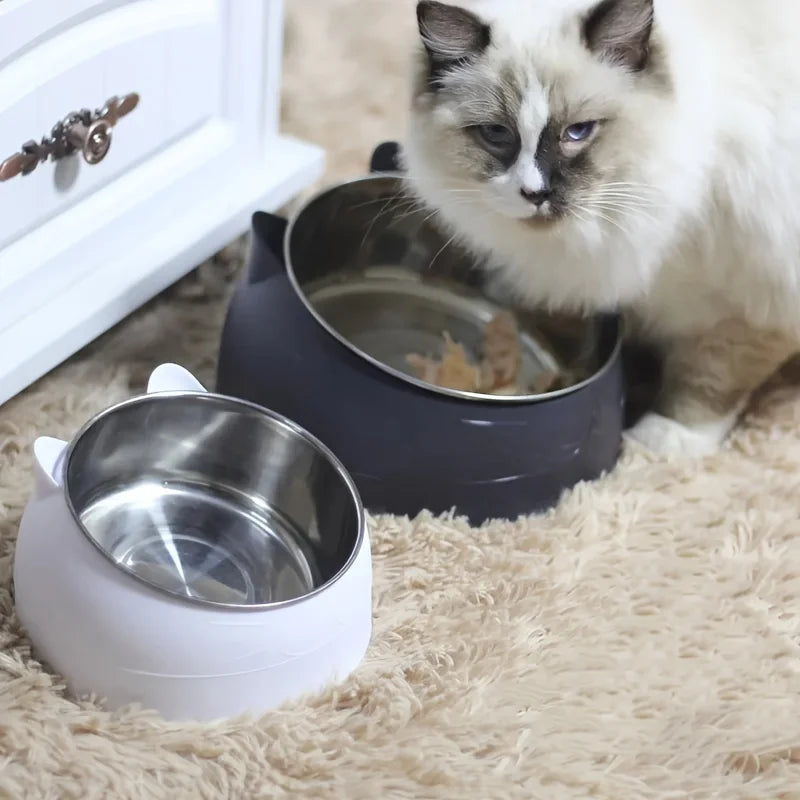 2 In 1 Stainless Steel Cat Bowl With Holder - Cute Ear Design Inclined Food Bowl Water Basin, Anti-slip Raised Pet Feeding Bowl