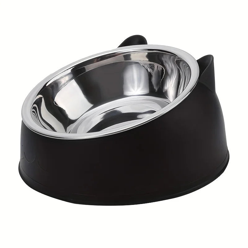 2 In 1 Stainless Steel Cat Bowl With Holder - Cute Ear Design Inclined Food Bowl Water Basin, Anti-slip Raised Pet Feeding Bowl