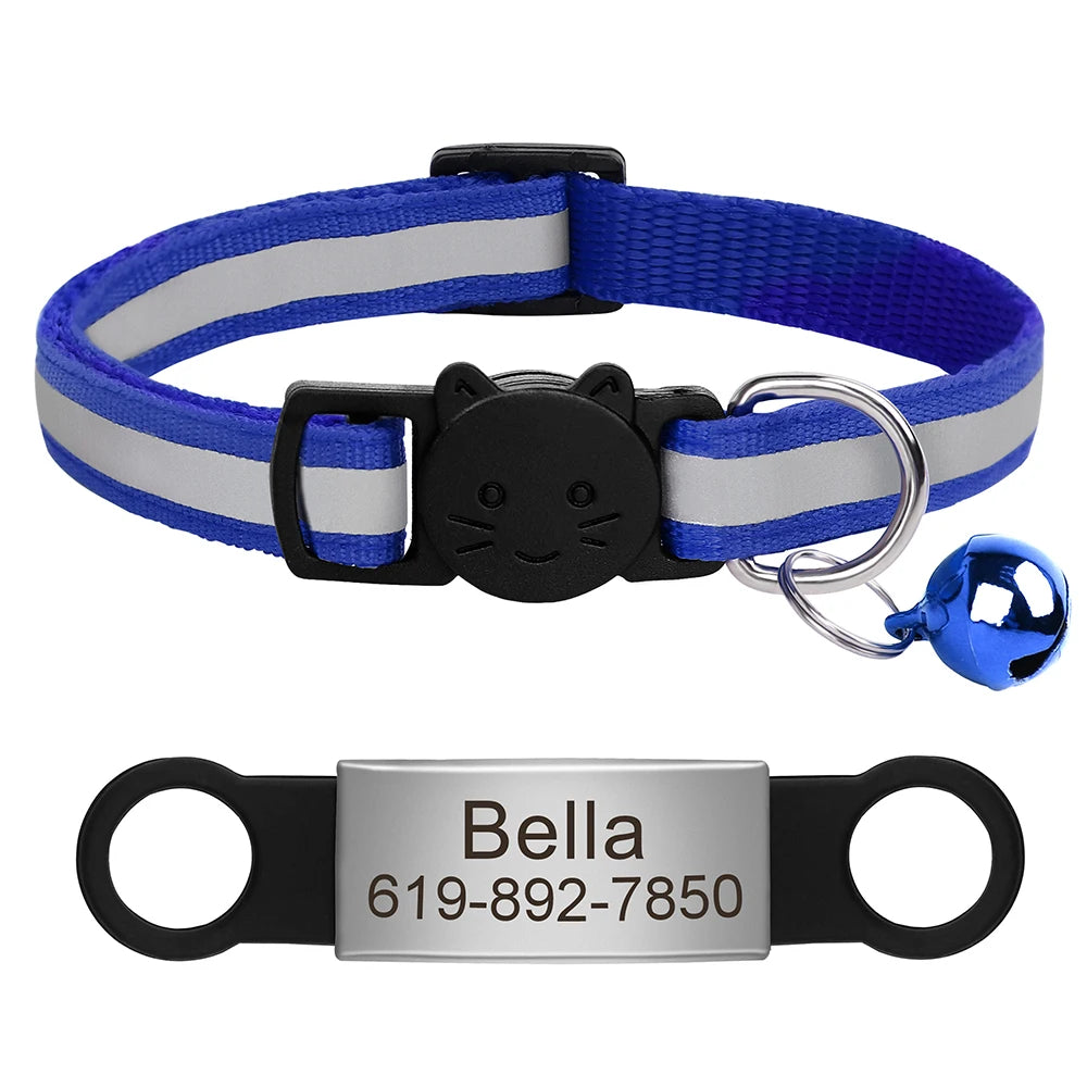 Customized Cat Collar Reflective Cat Collar Free Engraved Puppy Kitten Pet ID Nameplate Necklace With Bell Anti-lost For Cats