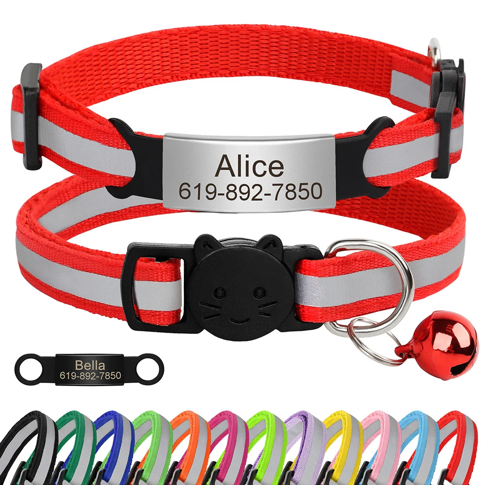Customized Cat Collar Reflective Cat Collar Free Engraved Puppy Kitten Pet ID Nameplate Necklace With Bell Anti-lost For Cats