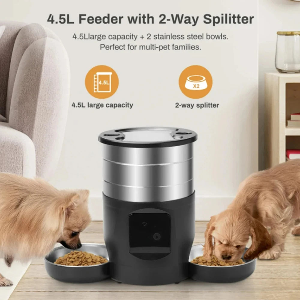 4.5L wifi/button version pet feeder intelligent food dispenser with dual bowls, used for cat and dog dry goods accessories