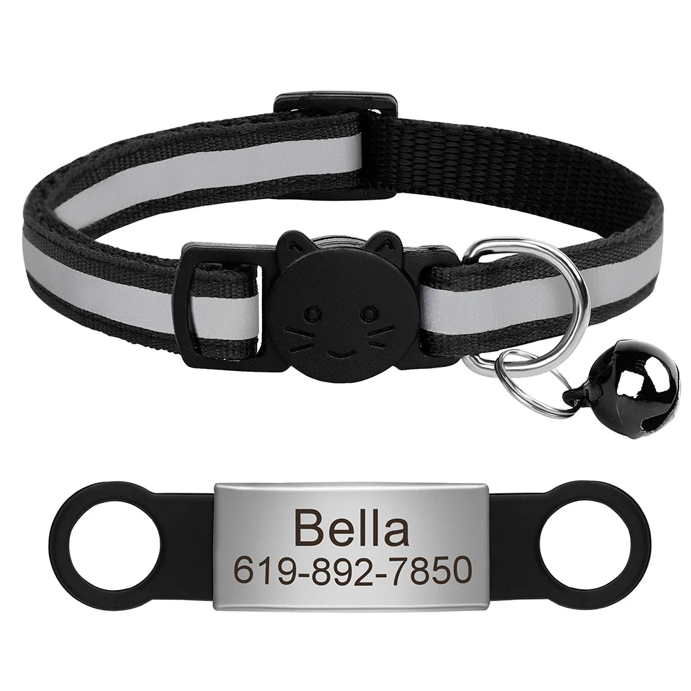 Customized Cat Collar Reflective Cat Collar Free Engraved Puppy Kitten Pet ID Nameplate Necklace With Bell Anti-lost For Cats