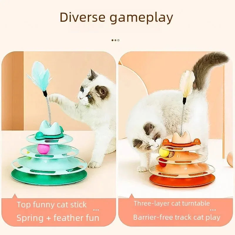Cat Toy Rotating Ball Four Layer Cat Amusement Plate Automatic Cat Playing Stick Feather Cat Rotating Ball Space Tower Game Toy