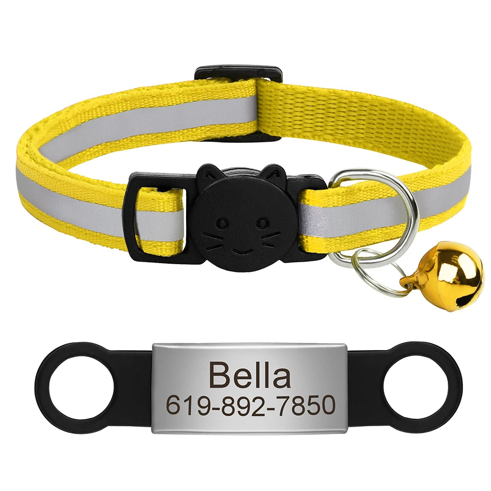 Customized Cat Collar Reflective Cat Collar Free Engraved Puppy Kitten Pet ID Nameplate Necklace With Bell Anti-lost For Cats