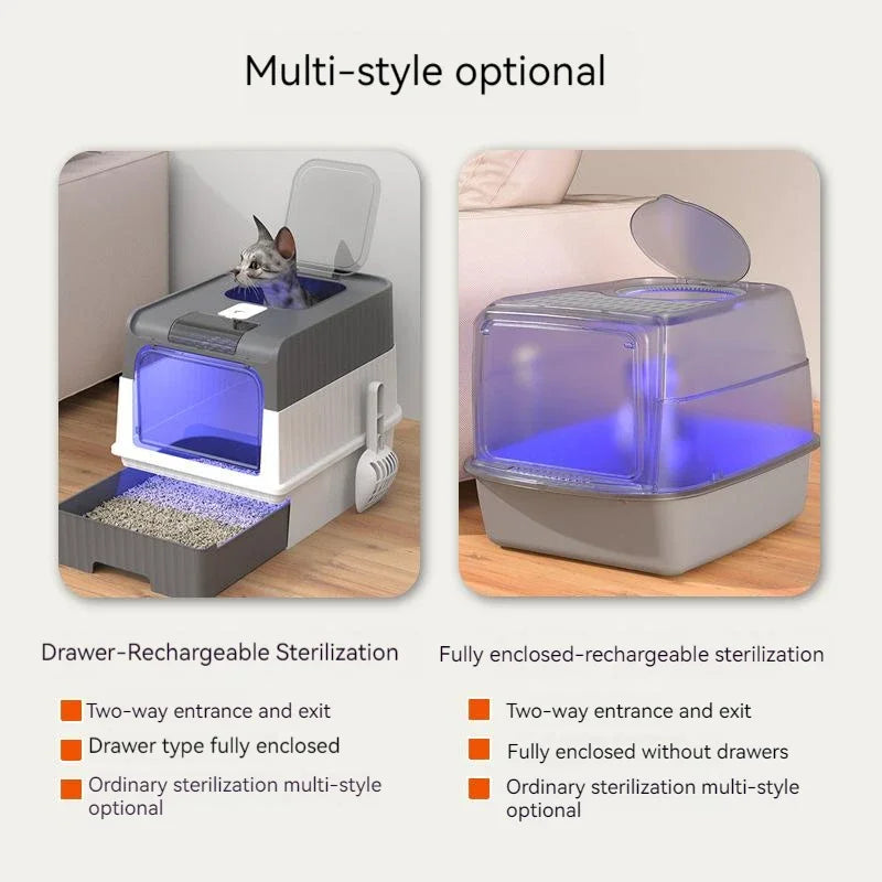 Cat Litter Box Oversize Rechargeable Sterilizing Deodorant Fully Enclosed Toilet Large Capacity UV Sterilizatio Odor Removal Cat