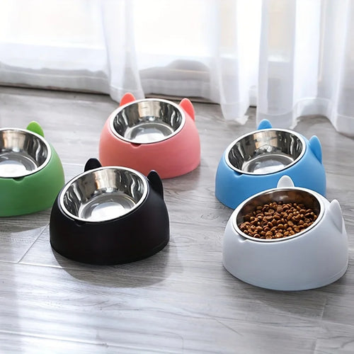 2 In 1 Stainless Steel Cat Bowl With Holder - Cute Ear Design Inclined Food Bowl Water Basin, Anti-slip Raised Pet Feeding Bowl