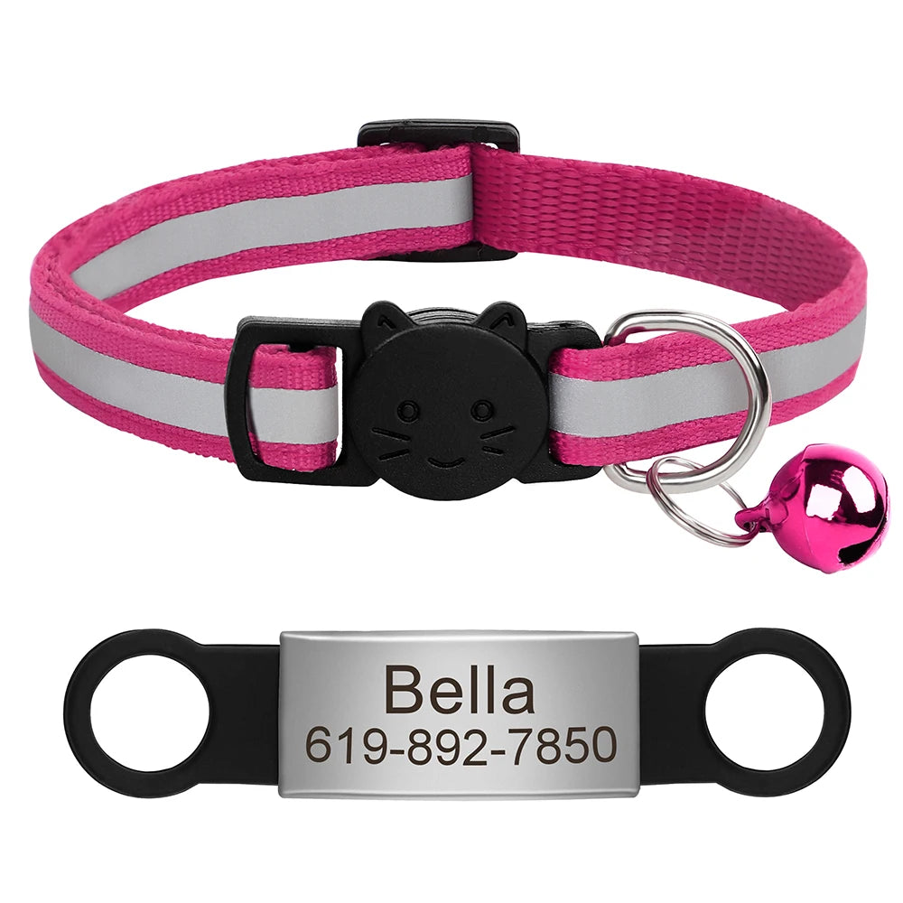 Customized Cat Collar Reflective Cat Collar Free Engraved Puppy Kitten Pet ID Nameplate Necklace With Bell Anti-lost For Cats