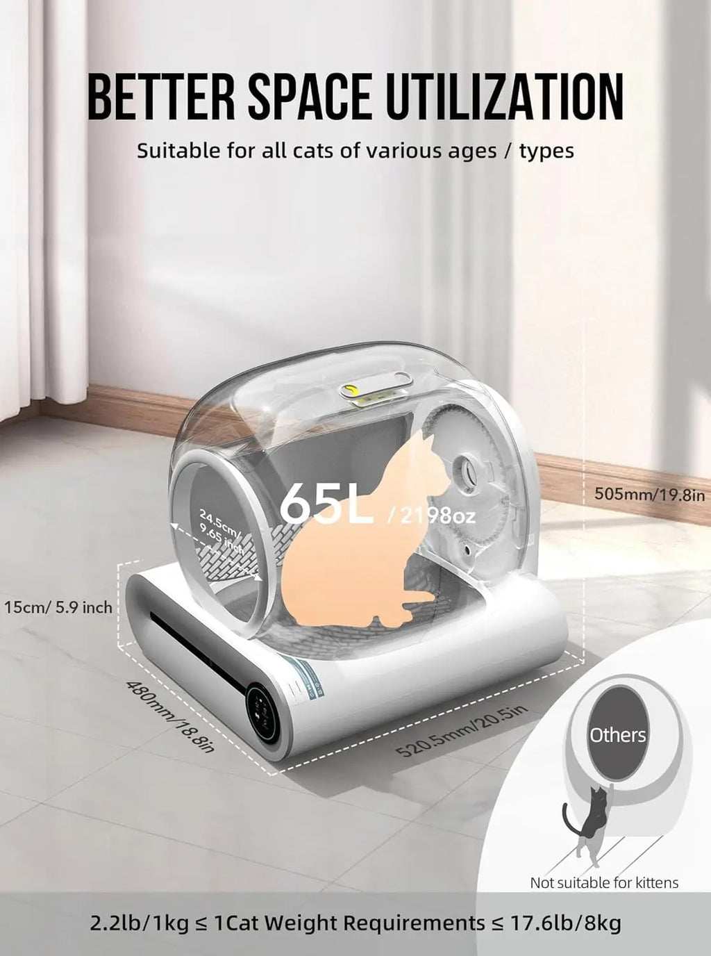 Tonepie 65L Automatic Smart Cat Litter Box Self Cleaning Fully Enclosed Cat Litter Box Toilet Litter Tray English Version 2026