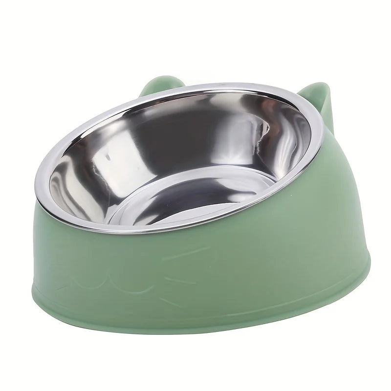 2 In 1 Stainless Steel Cat Bowl With Holder - Cute Ear Design Inclined Food Bowl Water Basin, Anti-slip Raised Pet Feeding Bowl
